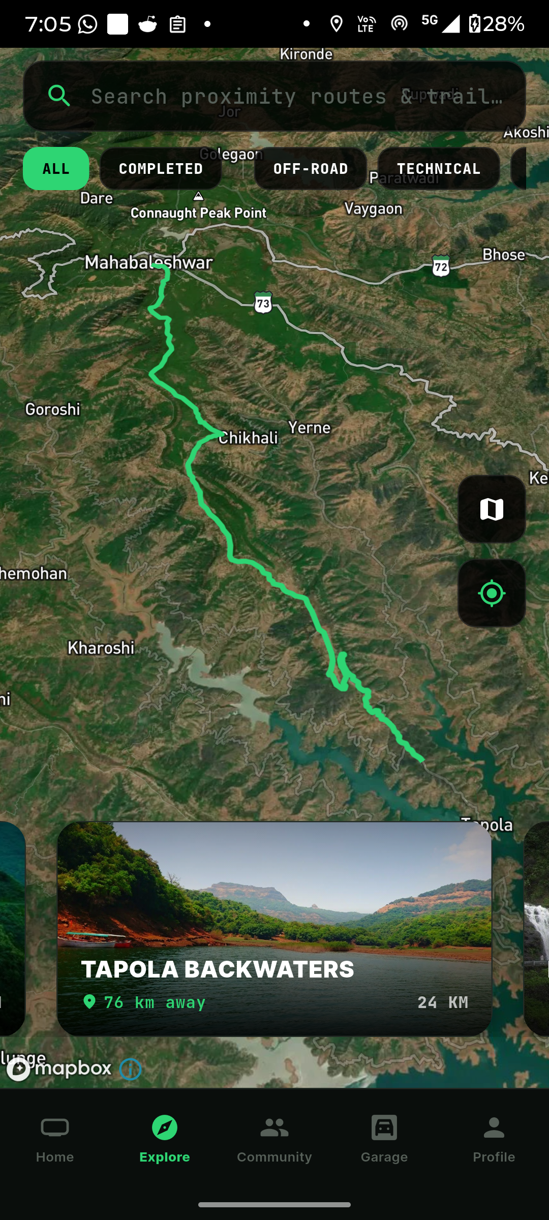 ROVA explore routes screen