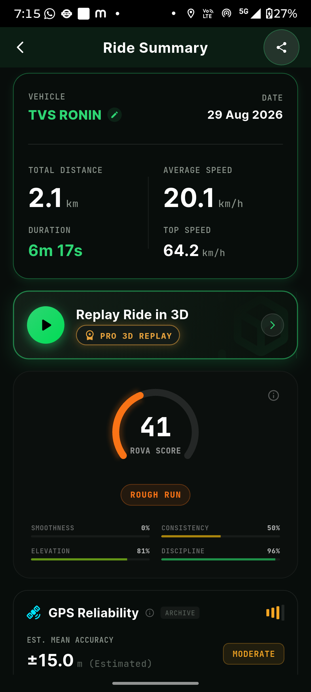 ROVA ride summary screen